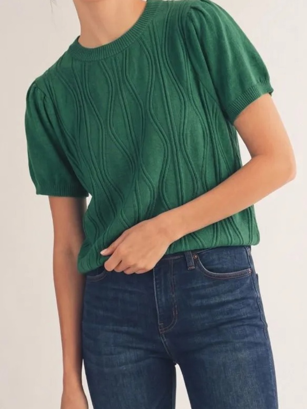 Jodifl Classic Cable Knit Wave Short Sleeve Sweater Top- Green nwot Small